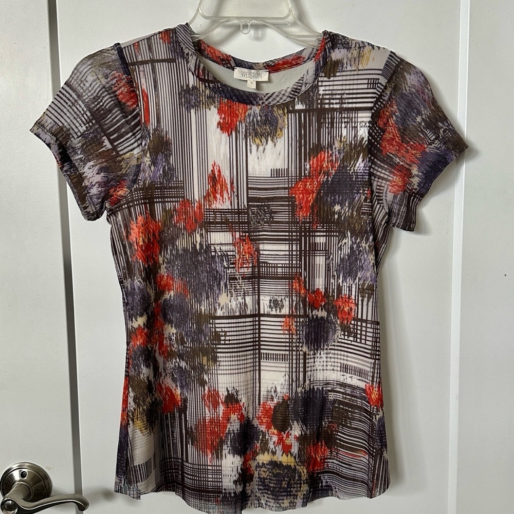 Anthropologie Weston Cosmina Mesh Top Abstract Print Tee NWT